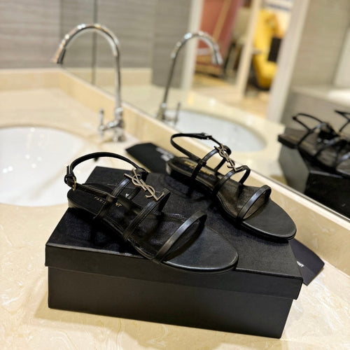 Saint Laurent SL LOGO FLAT SANDALS BLACK CALFSKIN