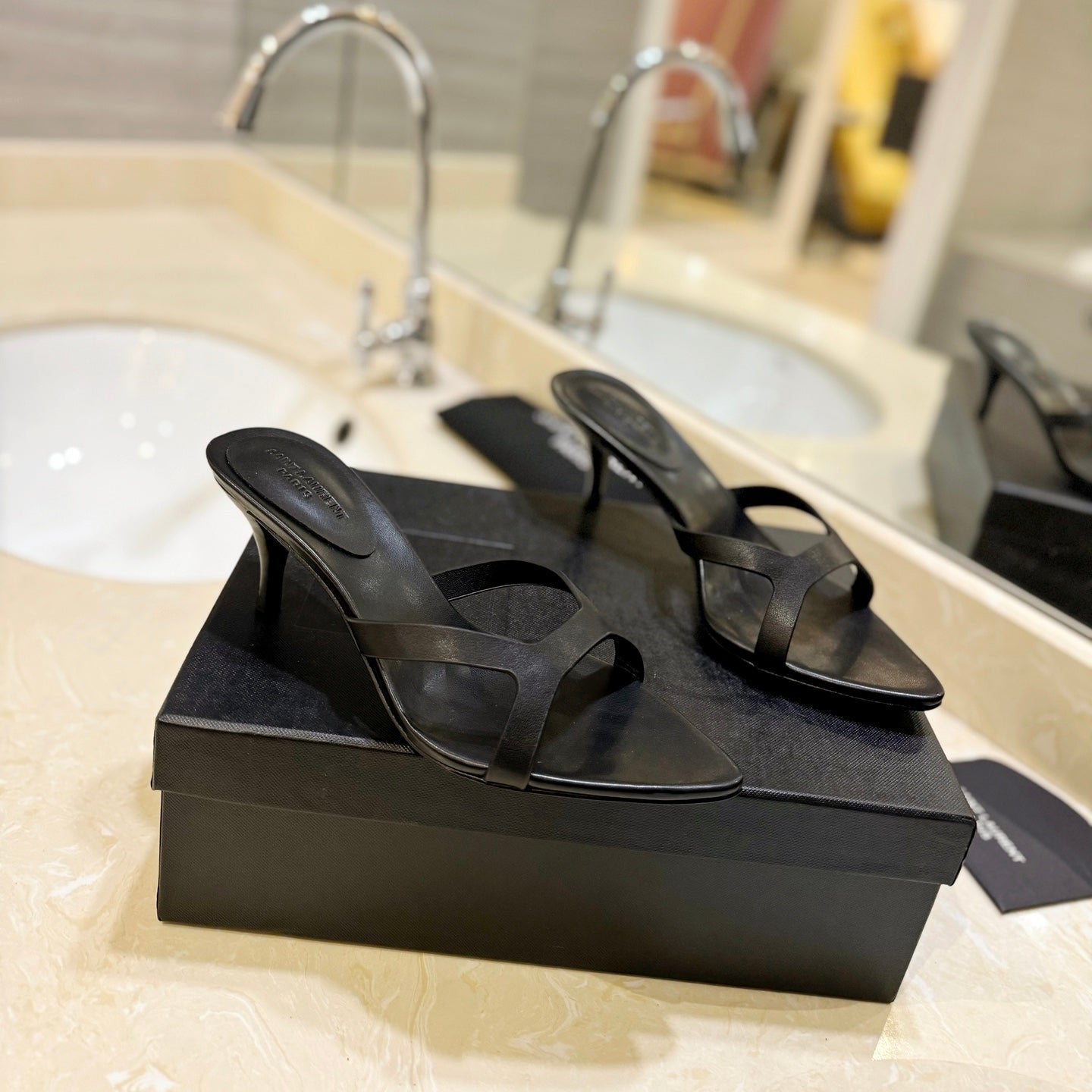 Saint Laurent SL OPEN-TOES HIGH HEELS SLIPPER BLACK CALFSKIN
