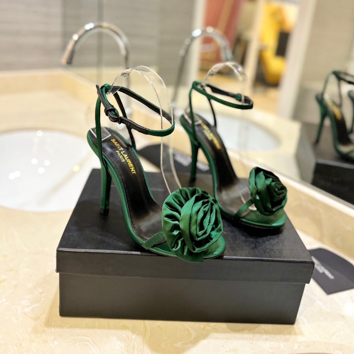 Saint Laurent SL IVY FLORAL HEEL SANDALS DARK GREEN SATIN