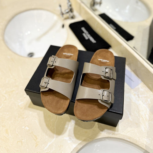 Saint Laurent SL Flat Sandal Women Brown Seude Grey Calfskin