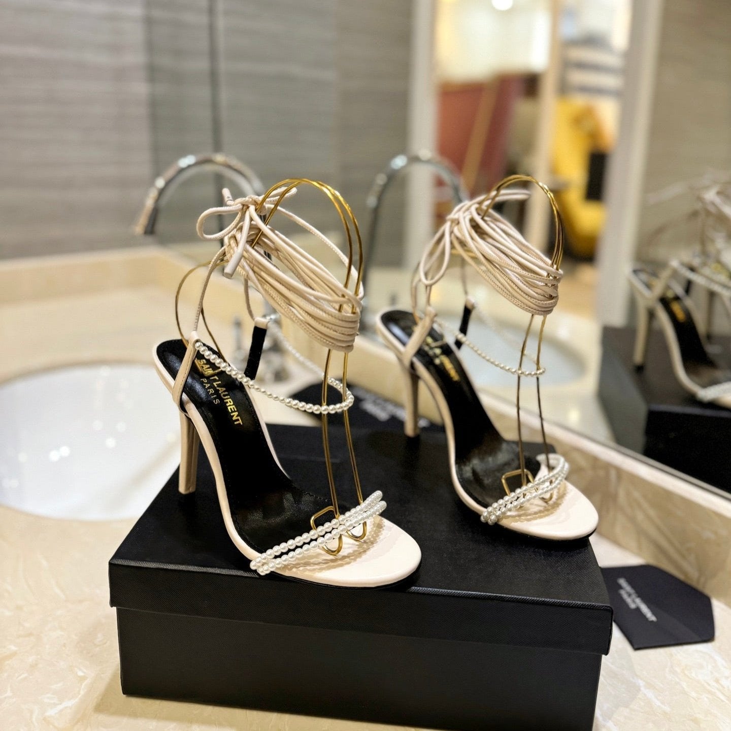 Saint Laurent SL PEARL HIGH HEEL SANDALS CREAM CALFSKIN