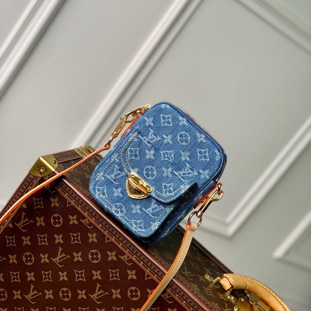 Louis Vuitton FAIRFAX POCHETTE 18 IN BLUE MONOGRAM DENIM GOLD HARDWARE