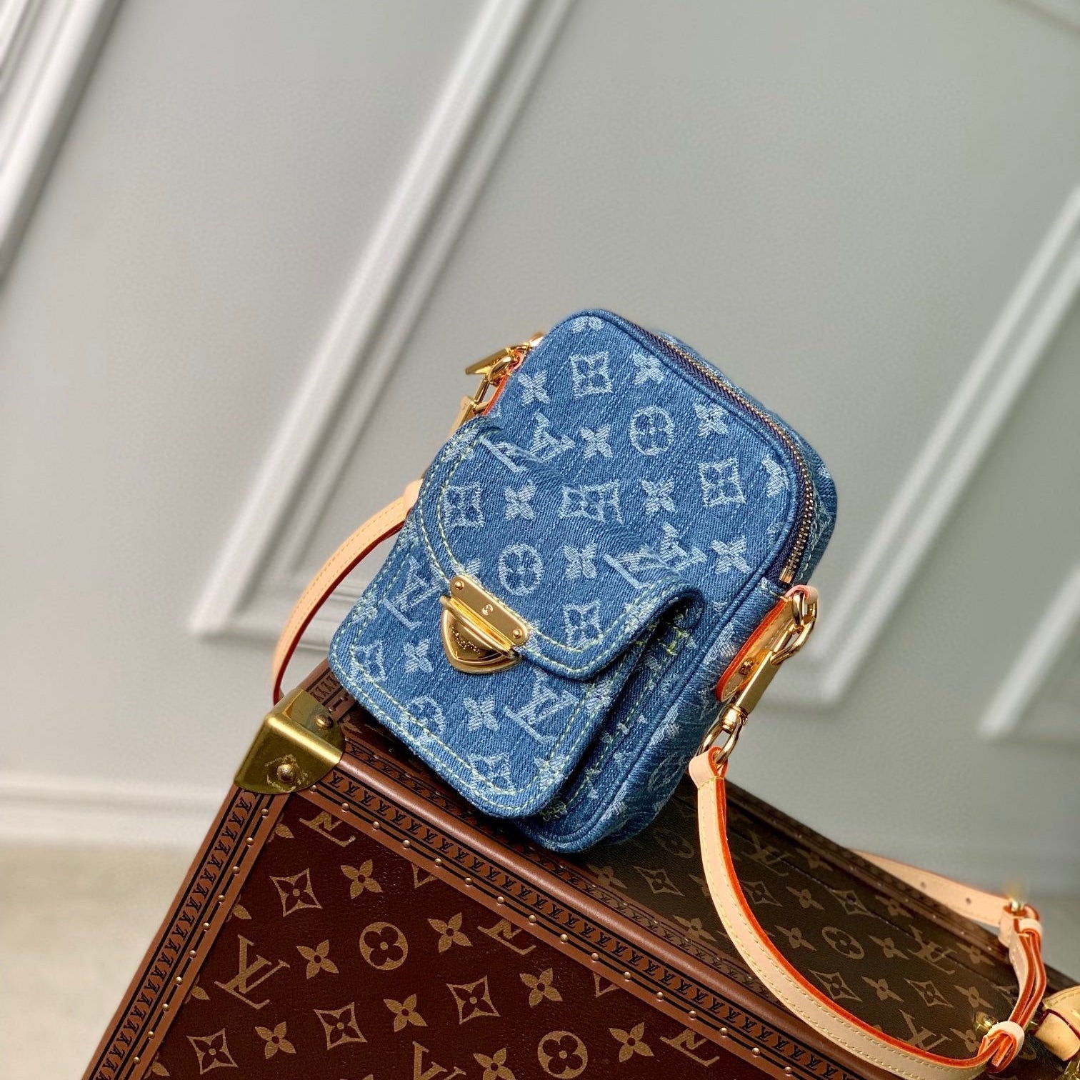 Louis Vuitton FAIRFAX POCHETTE 18 IN BLUE MONOGRAM DENIM GOLD HARDWARE
