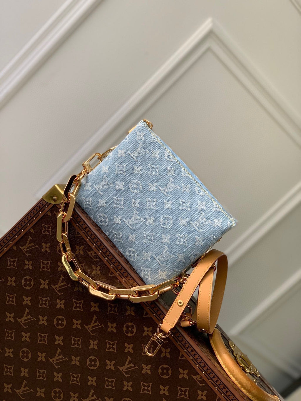 Louis Vuitton COUSSIN BB 21 IN LIGHT BLUE MONOGRAM DENIM GOLD CHAIN