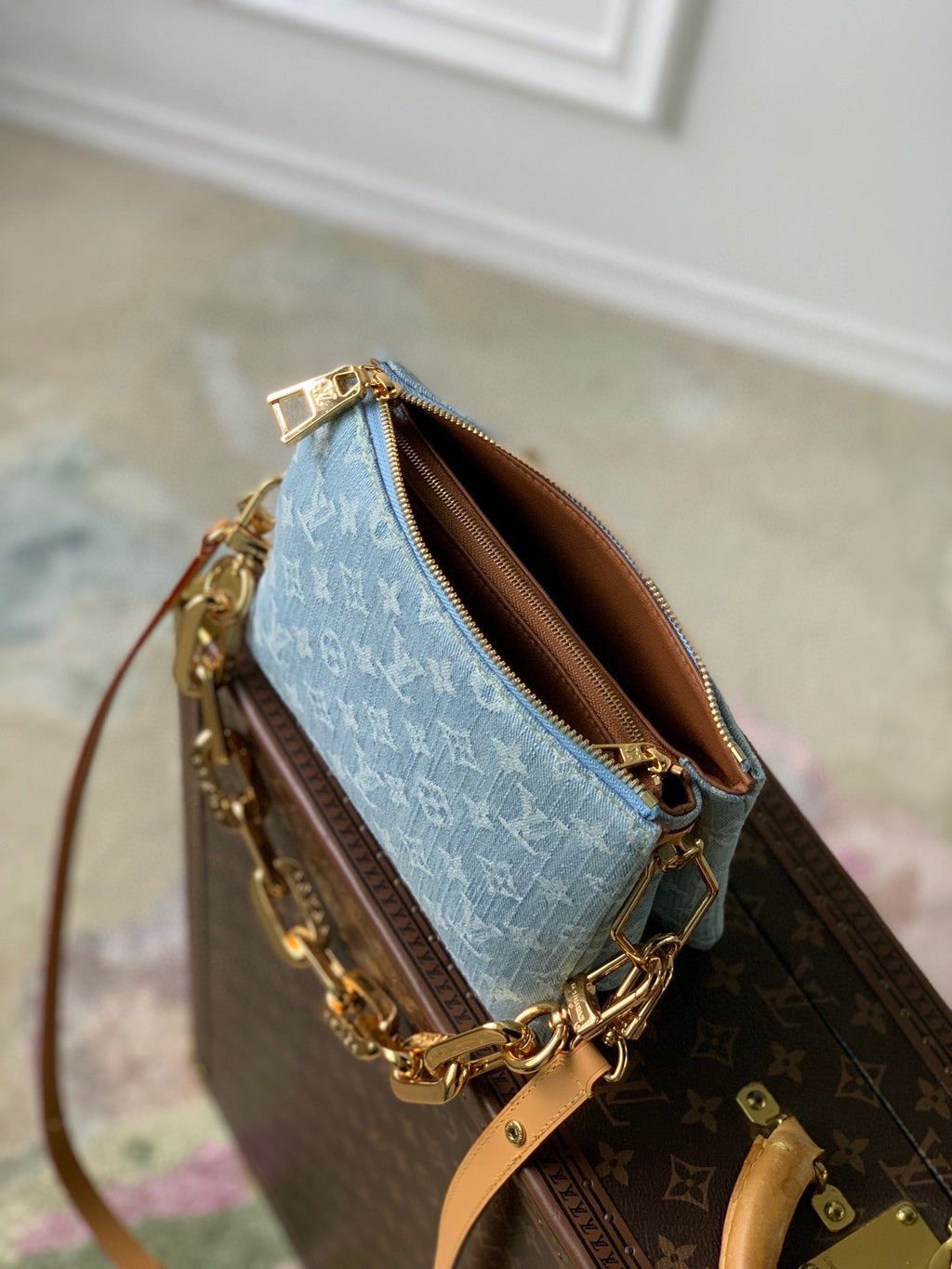 Louis Vuitton COUSSIN BB 21 IN LIGHT BLUE MONOGRAM DENIM GOLD CHAIN