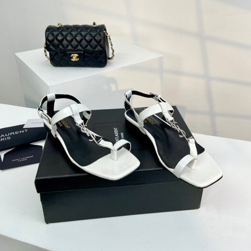 Saint Laurent SL CASSANDRA ONE SANDAL FLAT WHITE CALFSKIN