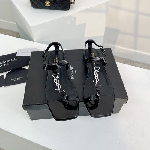 Saint Laurent SL Cassandra Flat Sandals Black Patent Leather