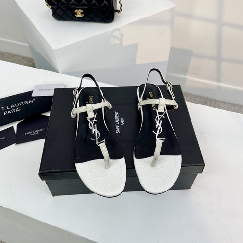 Saint Laurent SL Cassandra Croc-Embossed Thong Sandals Black White Leather