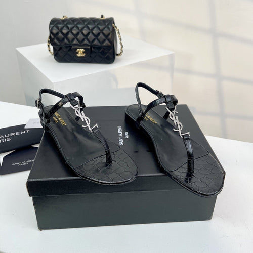 Saint Laurent SL Cassandra Croc-Embossed Thong Sandals Black Leather