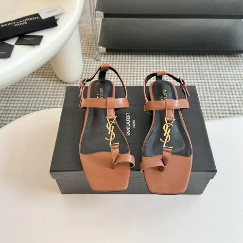 Saint Laurent SL Cassandra Flat Sandals Black Tan Leather