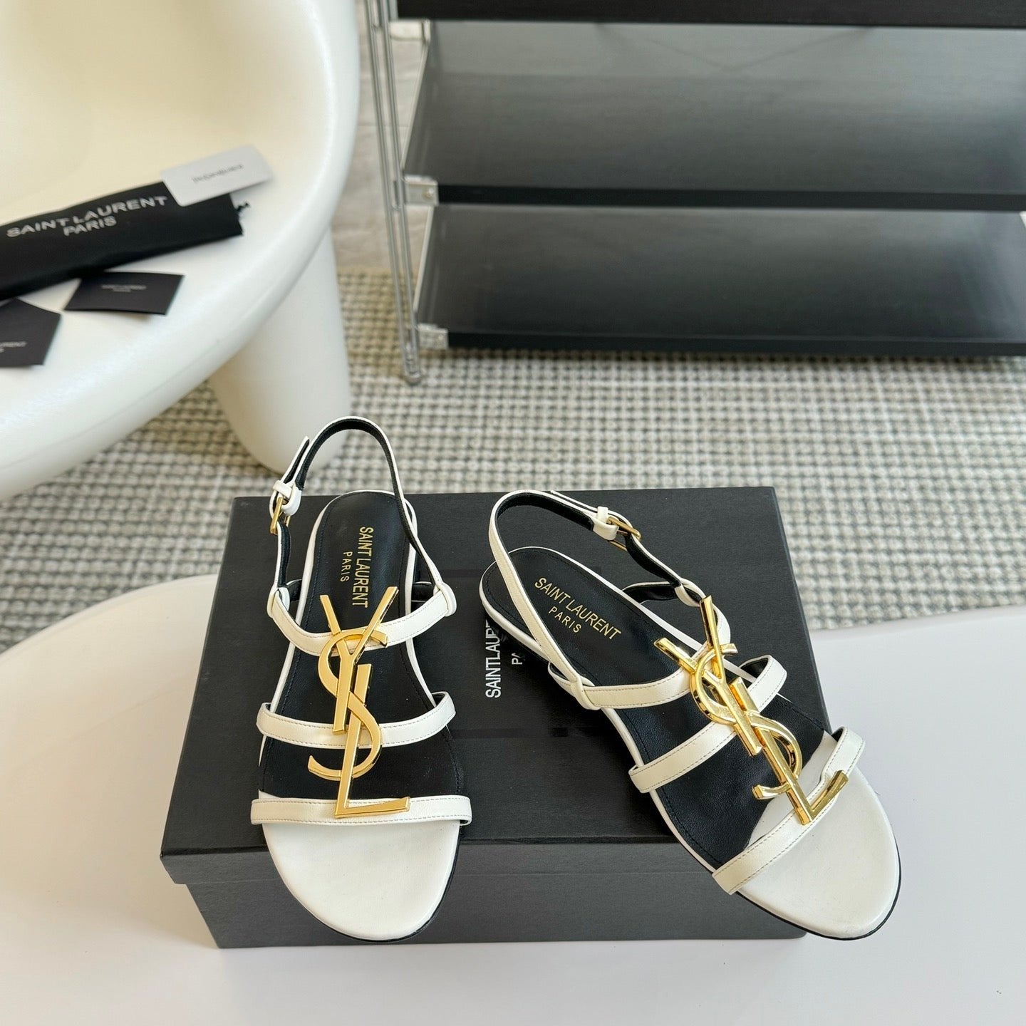 Saint Laurent SL CASSANDRA TRIPLE SANDAL FLAT WHITE CALFSKIN