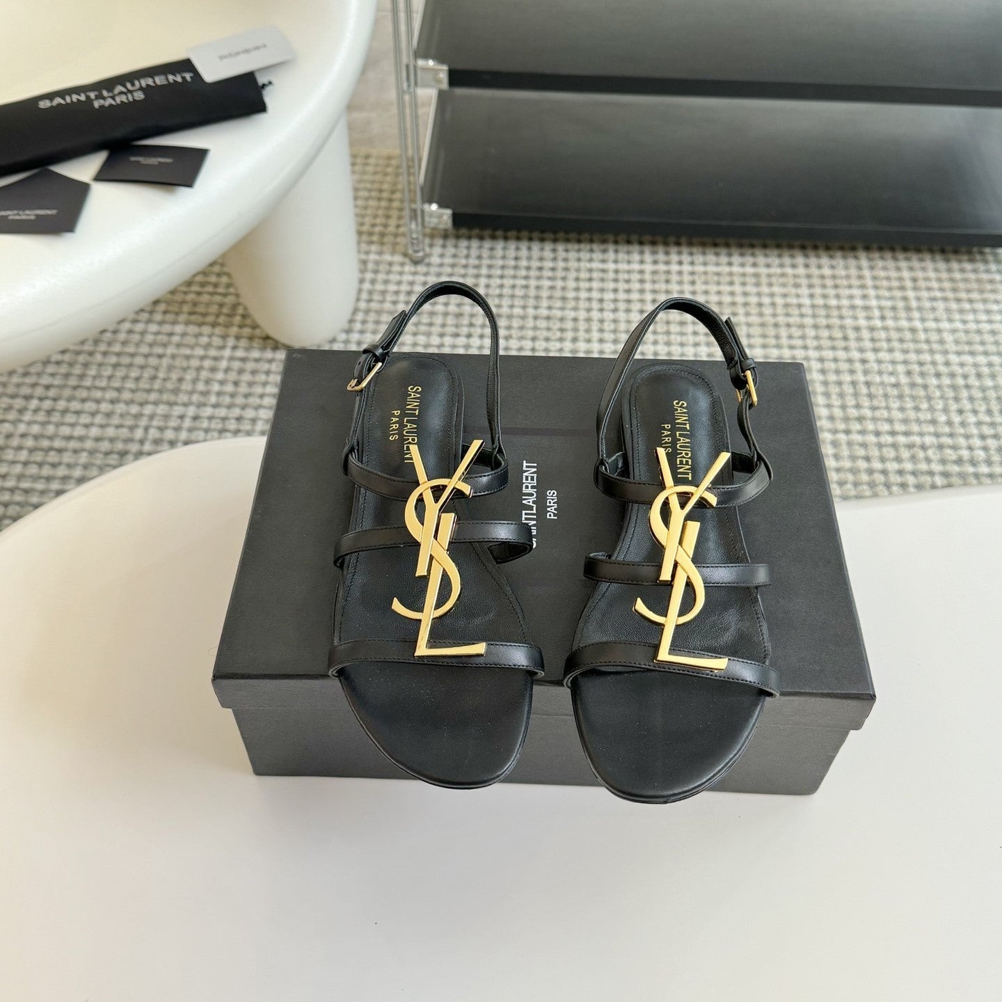 Saint Laurent Yves SL Buckle Women Sandals Black Leather