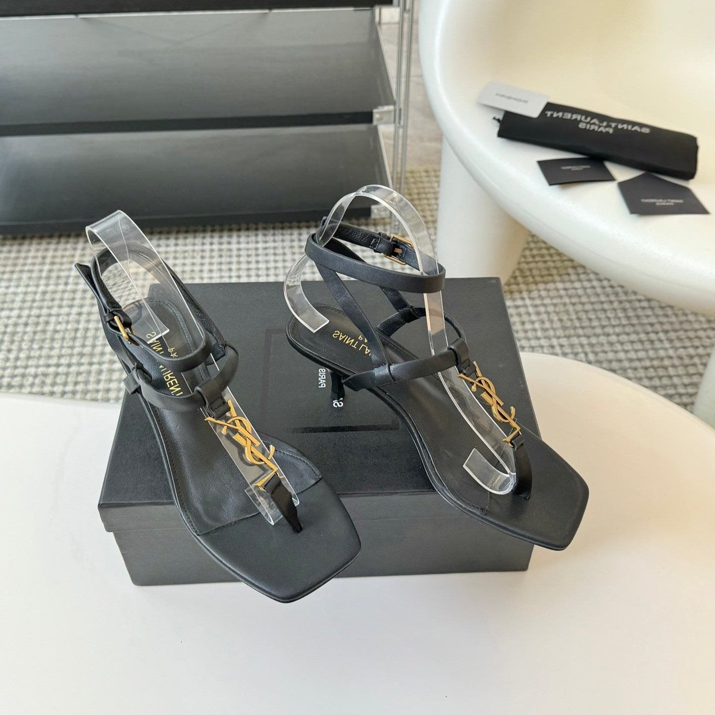 Saint Laurent SL CASSANDRA MID-HEEL SANDAL BLACK CALFSKIN