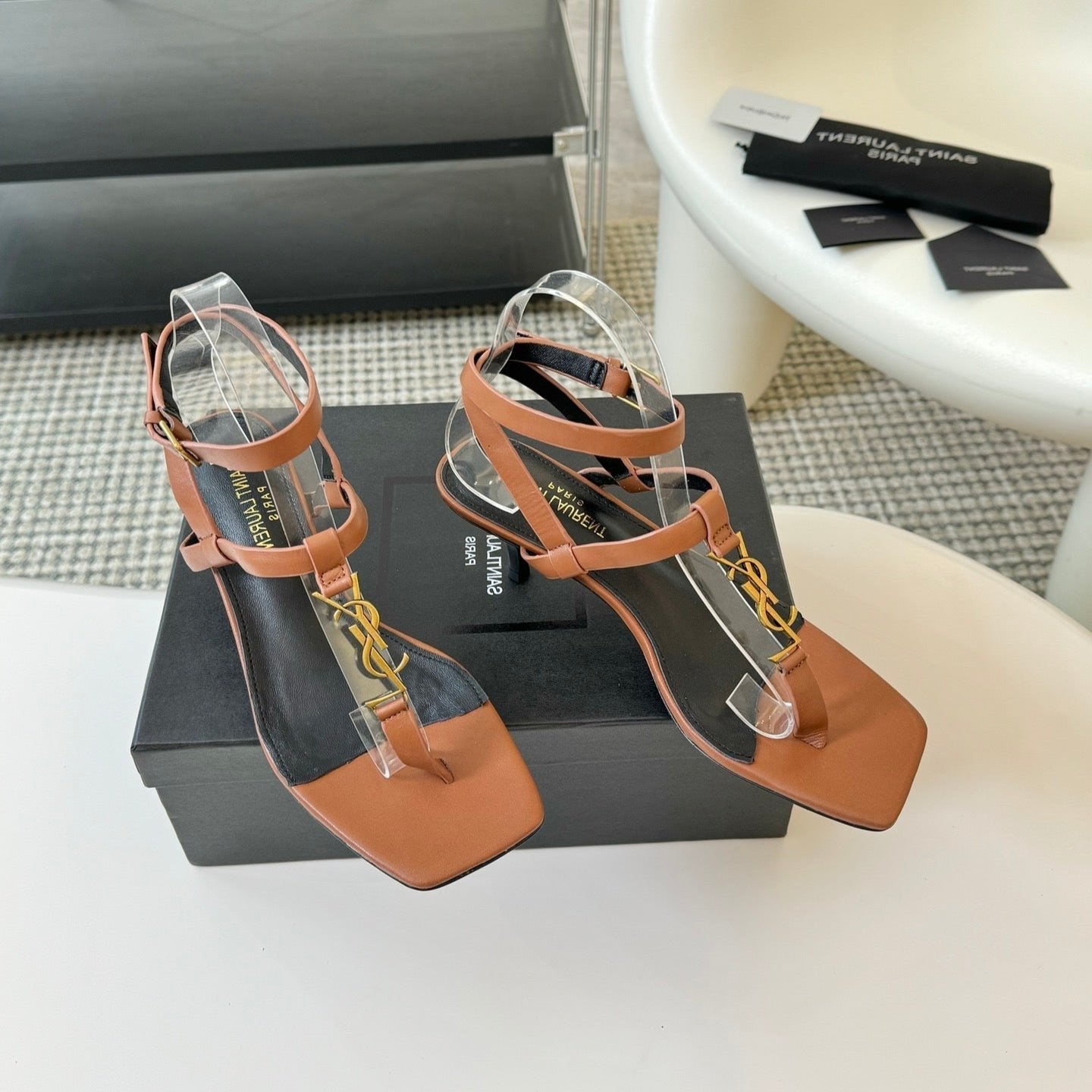 Saint Laurent SL CASSANDRA MID-HEEL SANDAL CIDER CALFSKIN