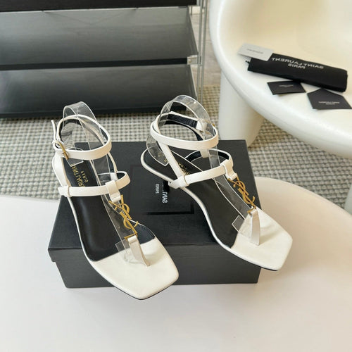 Saint Laurent SL CASSANDRA MID-HEEL SANDAL WHITE CALFSKIN
