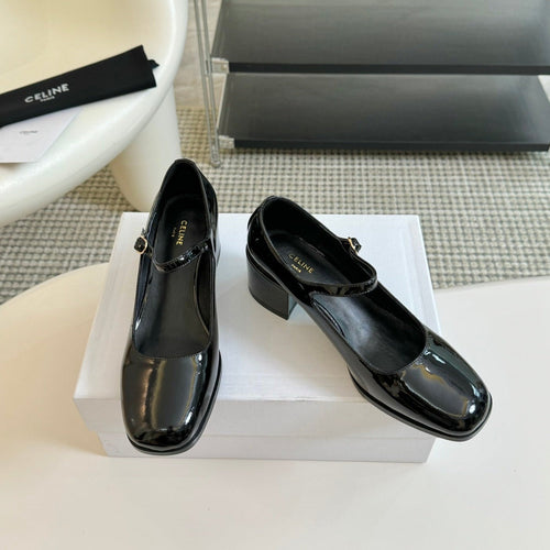 Celine WOMEN'S HIGH HEELS WITH ROUND TOE GLOSSY BLACK SPECIFIC COWHIDE
