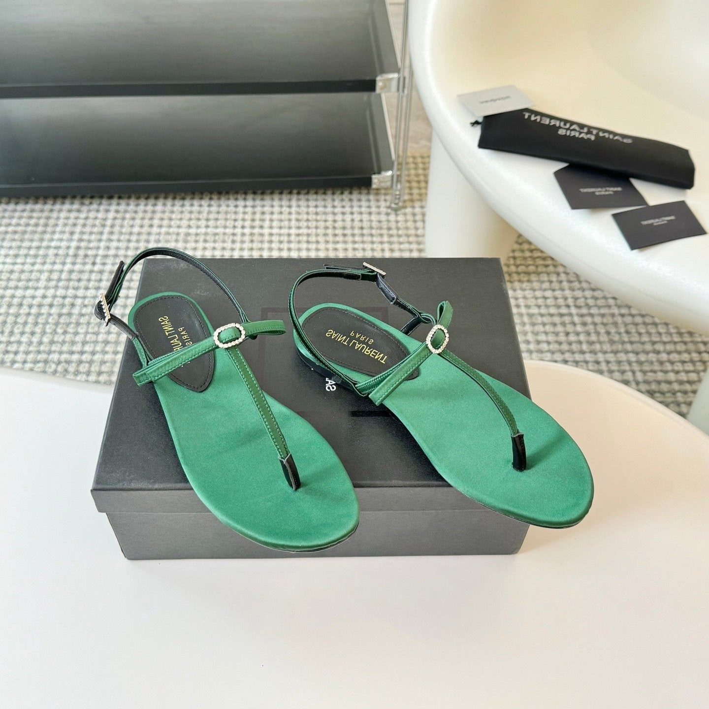 Saint Laurent SL CRYSTAL T-STRAP FLAT SANDAL DARK GREEN SATIN