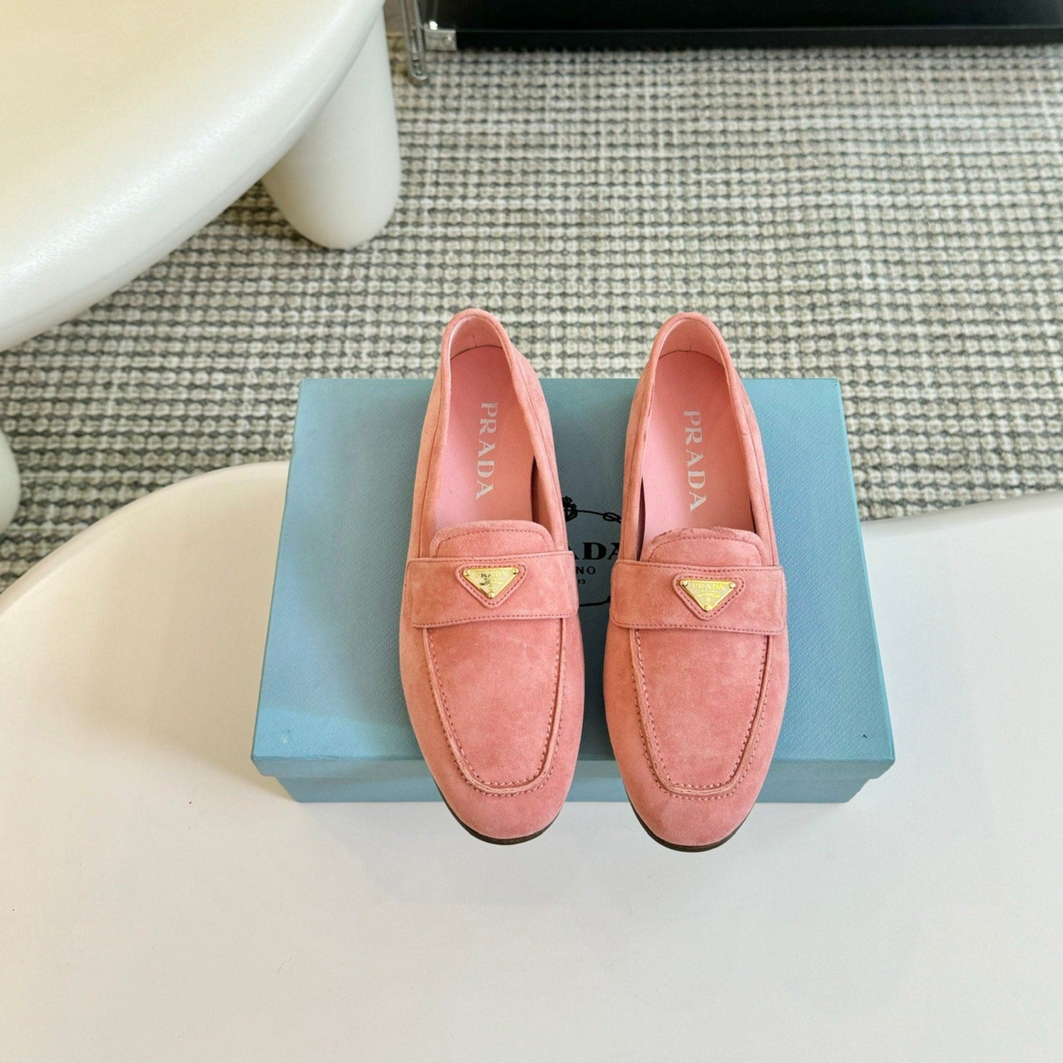 PRADA SUEDE LOAFERS ROSE CALFSKIN