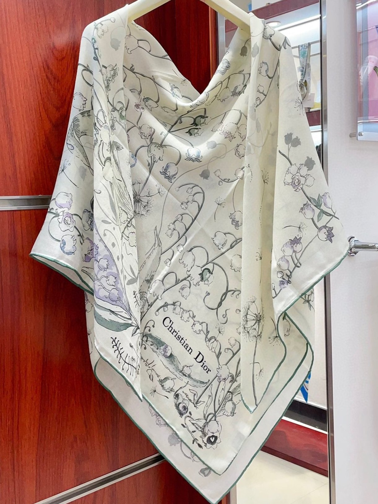 DIOR SCARF 140 CM IN WHITE MIX TEAL GREEN CASHMERE AND SILK 376423