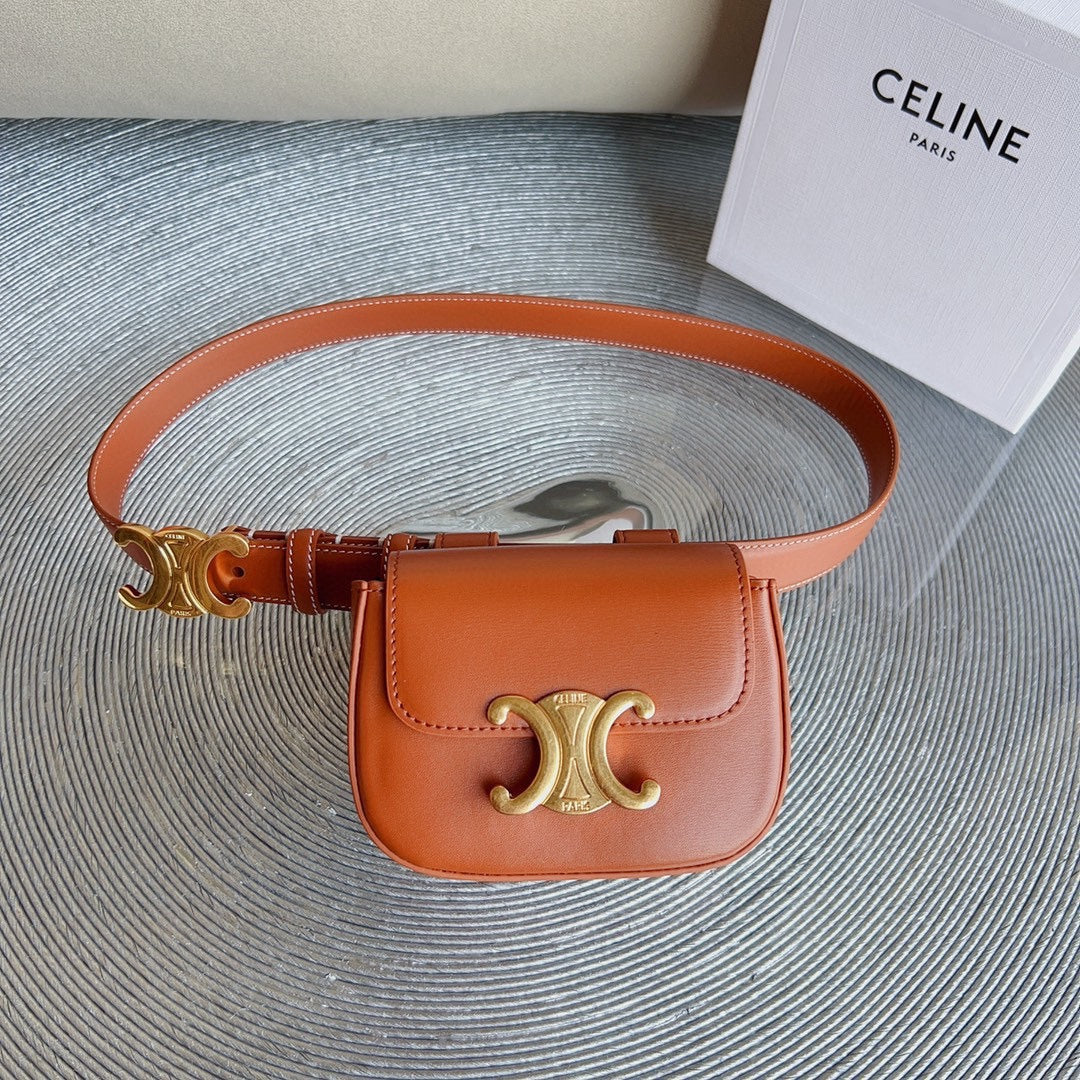 Celine tan calfskin belt bag triomphe gold buckle
