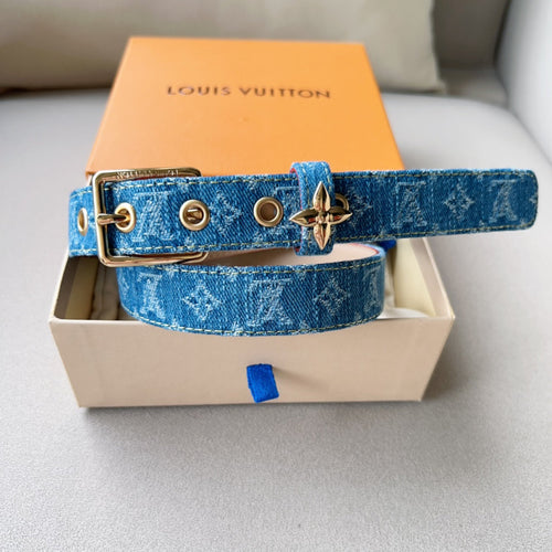 Louis Vuitton FLOWERGRAM ARDILLON 30MM BELT LIGHT BLUE MONOGRAM DENIM GOLD HARDWARE