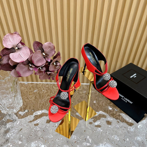 Saint Laurent SL POM CIRCLE CRYSTAL HEELED SANDALS RED SATIN