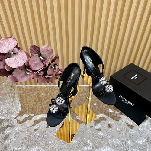 Saint Laurent SL POM CIRCLE CRYSTAL HEELED SANDALS BLACK SATIN