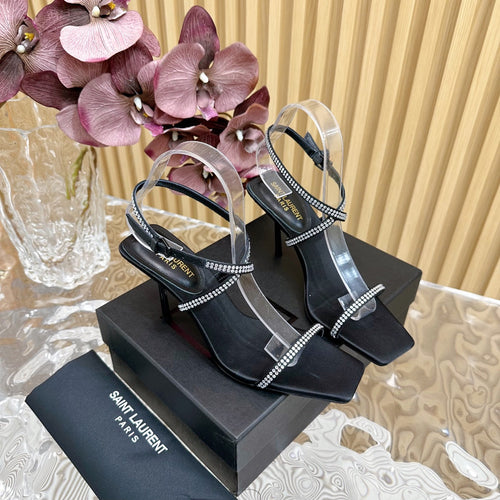 Saint Laurent NUIT SANDALS 85 IN BLACK CREPE SATIN AND WHITE RHINESTONES