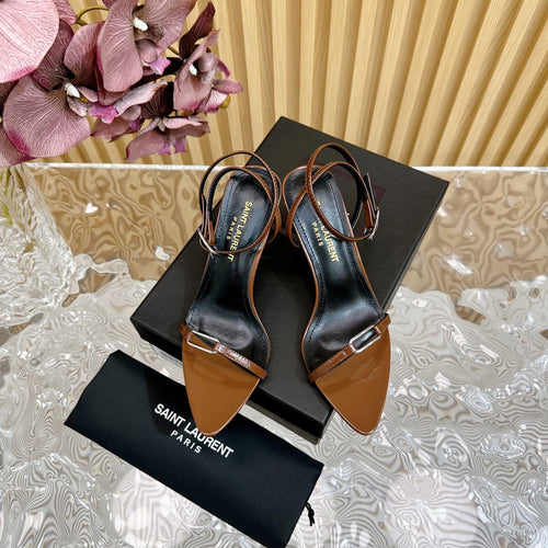 Saint Laurent KITTY SANDALS 70 IN BROWN SHINY LEATHER