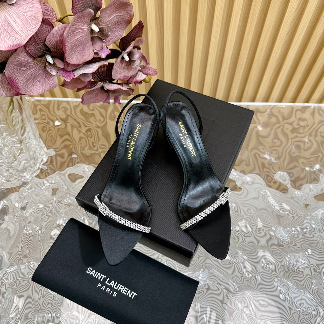 Saint Laurent RENDEZ-VOUS SANDALS 70 IN SATIN CREPE BLACK LEATHER