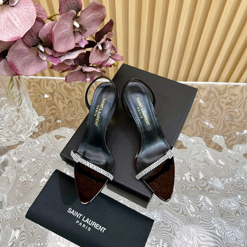 Saint Laurent RENDEZ-VOUS SANDALS 70 IN SATIN CREPE BLACK MAROON LEATHER
