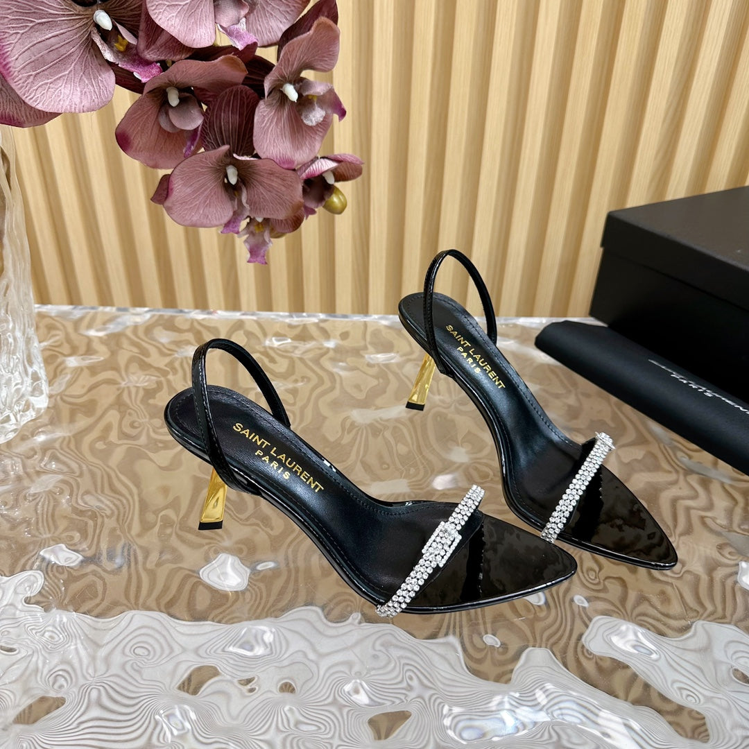 Saint Laurent RENDEZ-VOUS SANDALS 70 IN SATIN CREPE PATENT BLACK LEATHER