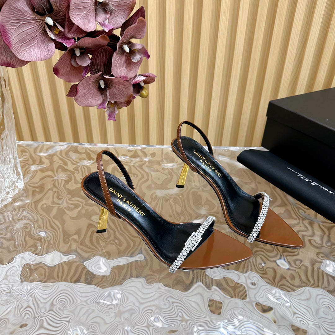 Saint Laurent RENDEZ-VOUS SANDALS 70 IN SATIN CREPE BROWN LEATHER