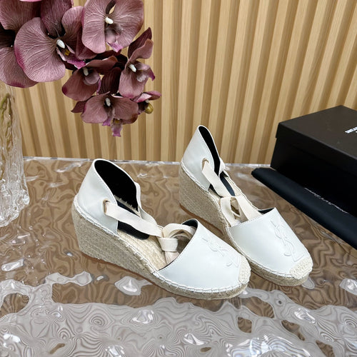 Saint Laurent SL WEDGE SANDALS WHITE CALFSKIN AND STRAW
