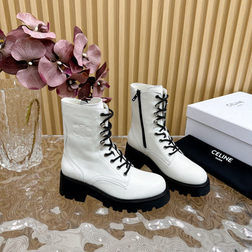 Celine TRIOMPHE RANGERS MID LACE-UP BOOT IN WHITE CALFSKIN