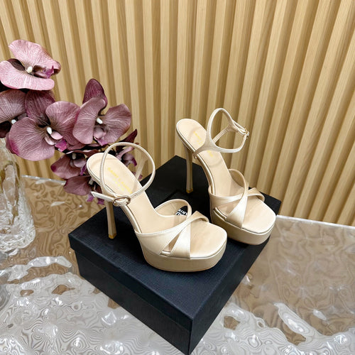 Saint Laurent DEBBIE PLATFORM SANDALS IN IVORY BEIGE SILK