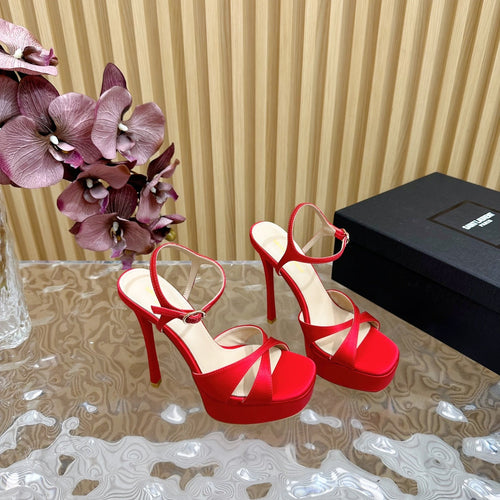 Saint Laurent DEBBIE PLATFORM SANDALS IN RED SILK