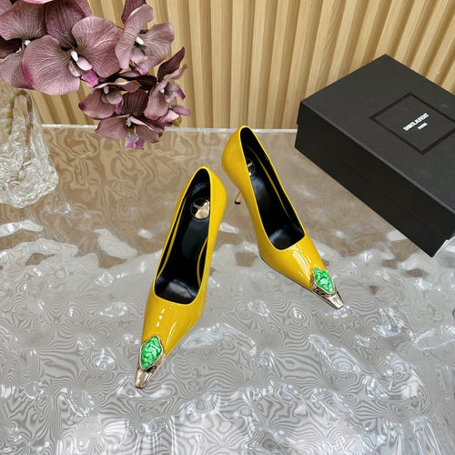 Saint Laurent GREEN GEM-STUDDED HIGH PUMPS IN YELLOW PATENT CALFSKIN