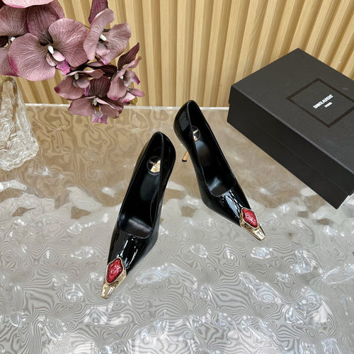 Saint Laurent RED GEM-STUDDED HIGH PUMPS IN BLACK PATENT CALFSKIN