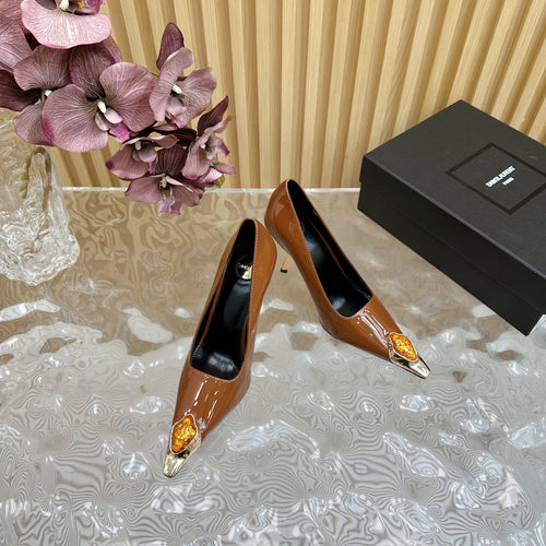 Saint Laurent ORANGE GEM-STUDDED HIGH PUMPS IN BRONZE BROWN PATENT CALFSKIN