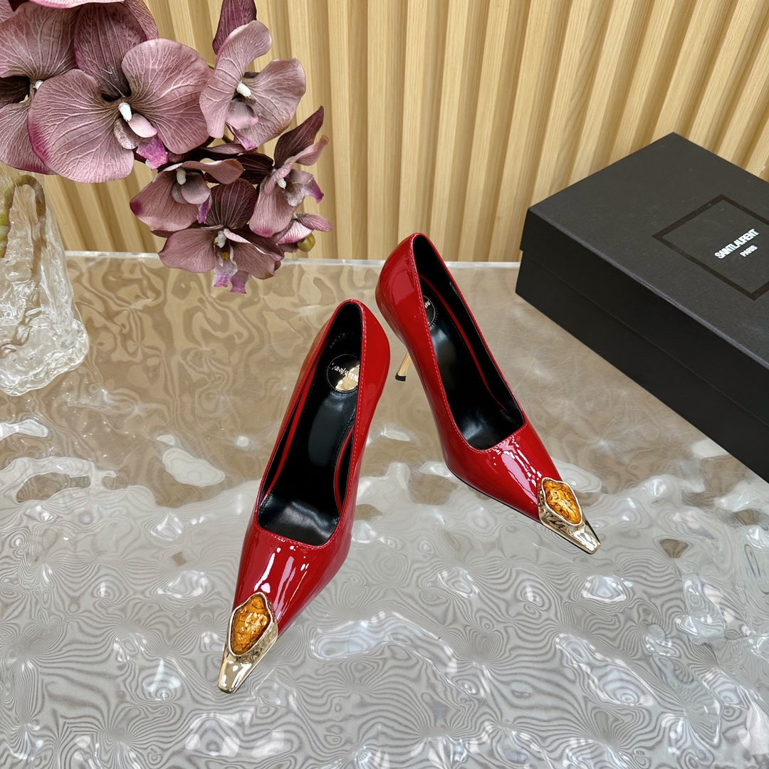 Saint Laurent ORANGE GEM-STUDDED HIGH PUMPS IN RED PATENT CALFSKIN