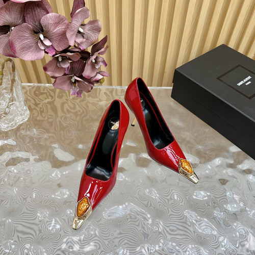 Saint Laurent ORANGE GEM-STUDDED HIGH PUMPS IN RED PATENT CALFSKIN