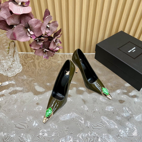 Saint Laurent GREEN GEM-STUDDED HIGH PUMPS IN ARMY GREEN PATENT CALFSKIN