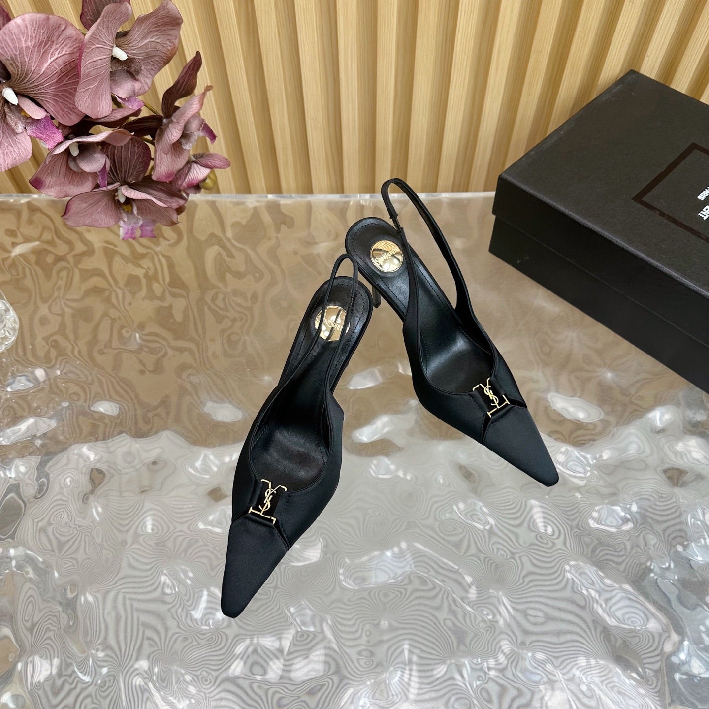 Saint Laurent BABYLONE SLINGBACK PUMPS IN BLACK SILK