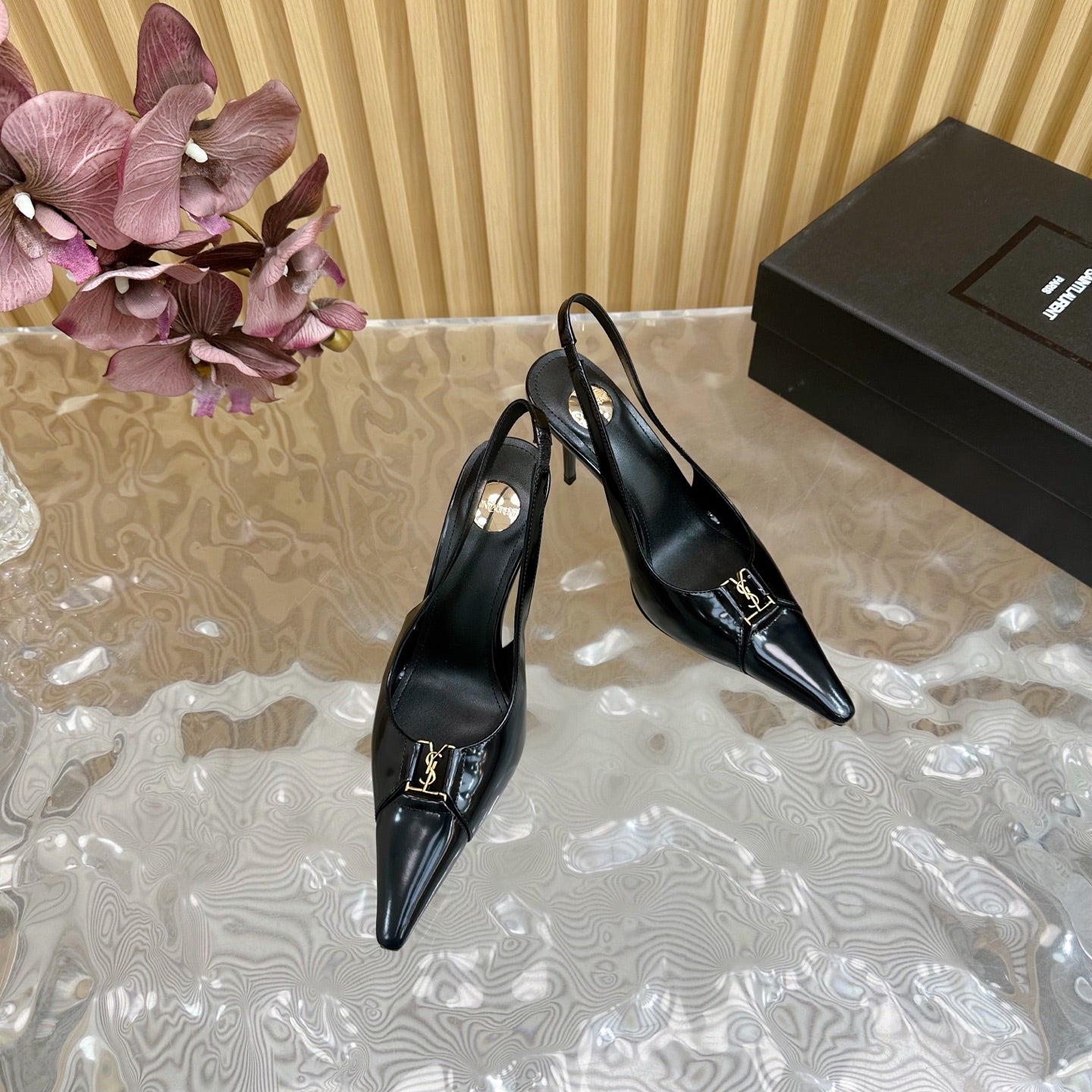 Saint Laurent BABYLONE SLINGBACK PUMPS IN BLACK GLOSSY CALFSKIN