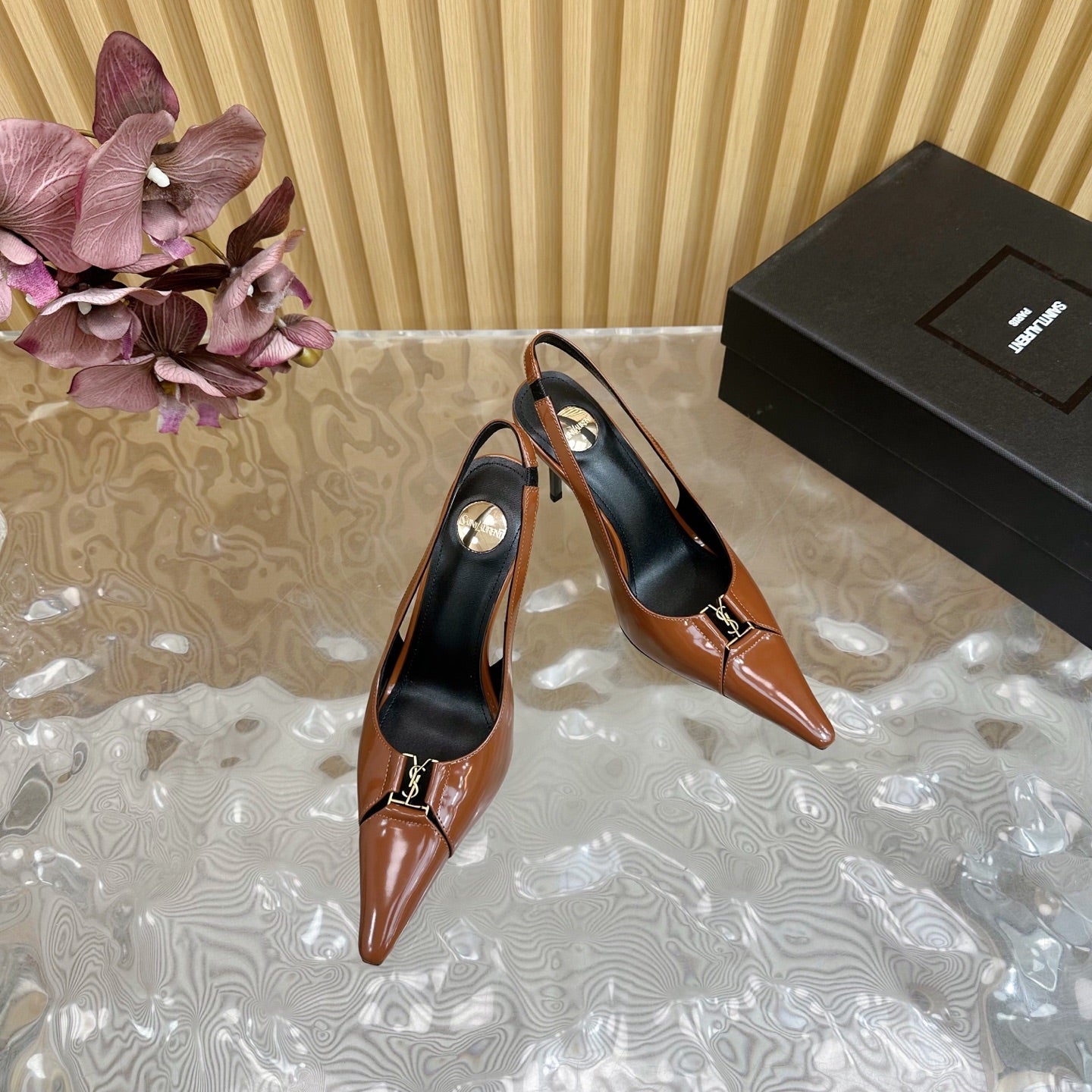 Saint Laurent BABYLONE SLINGBACK PUMPS IN BRONZE ORANGE GLOSSY CALFSKIN