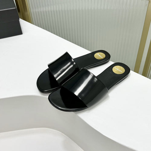 Saint Laurent CARLYLE SLIDES IN BLACK GLAZED LEATHER