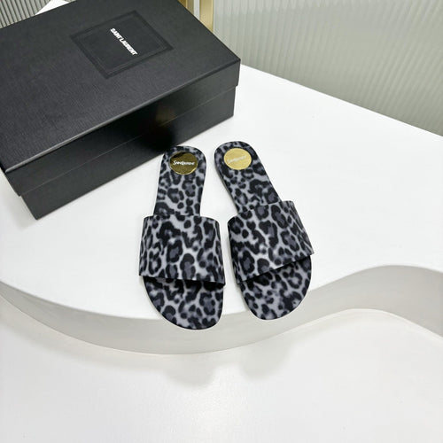 Saint Laurent CARLYLE SLIDES IN LEOPARD GROSGRAIN BLACK WHITE