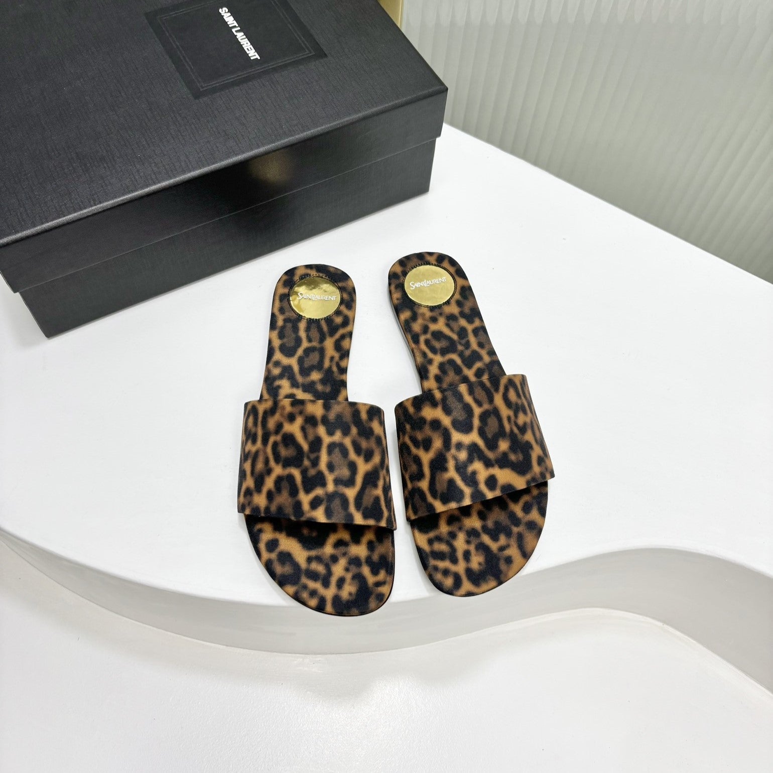 Saint Laurent CARLYLE SLIDES IN LEOPARD GROSGRAIN BLACK GOLD