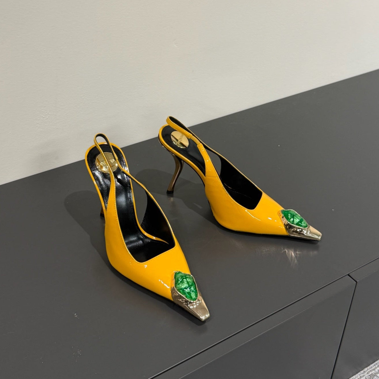 Saint Laurent GREEN GEM-STUDDED SLINGBACK PUMPS IN YELLOW PATENT CALFSKIN